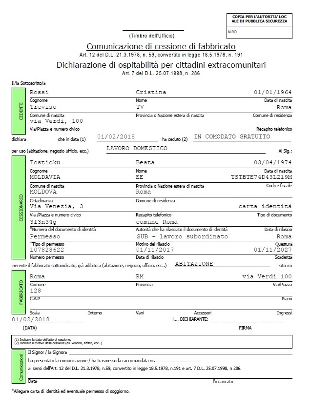 Cessione di fabbricato e dichiarazione di ospitalità per colf e badanti (solo conviventi)